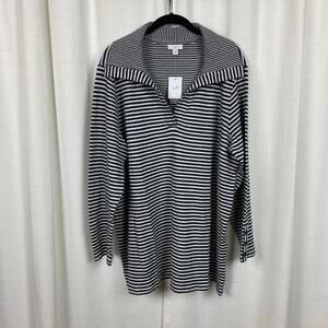 J.Jill Navy Blue&White Stripe Long Sleeve Collar Popover Blouse Tunic Sz.XL NWT